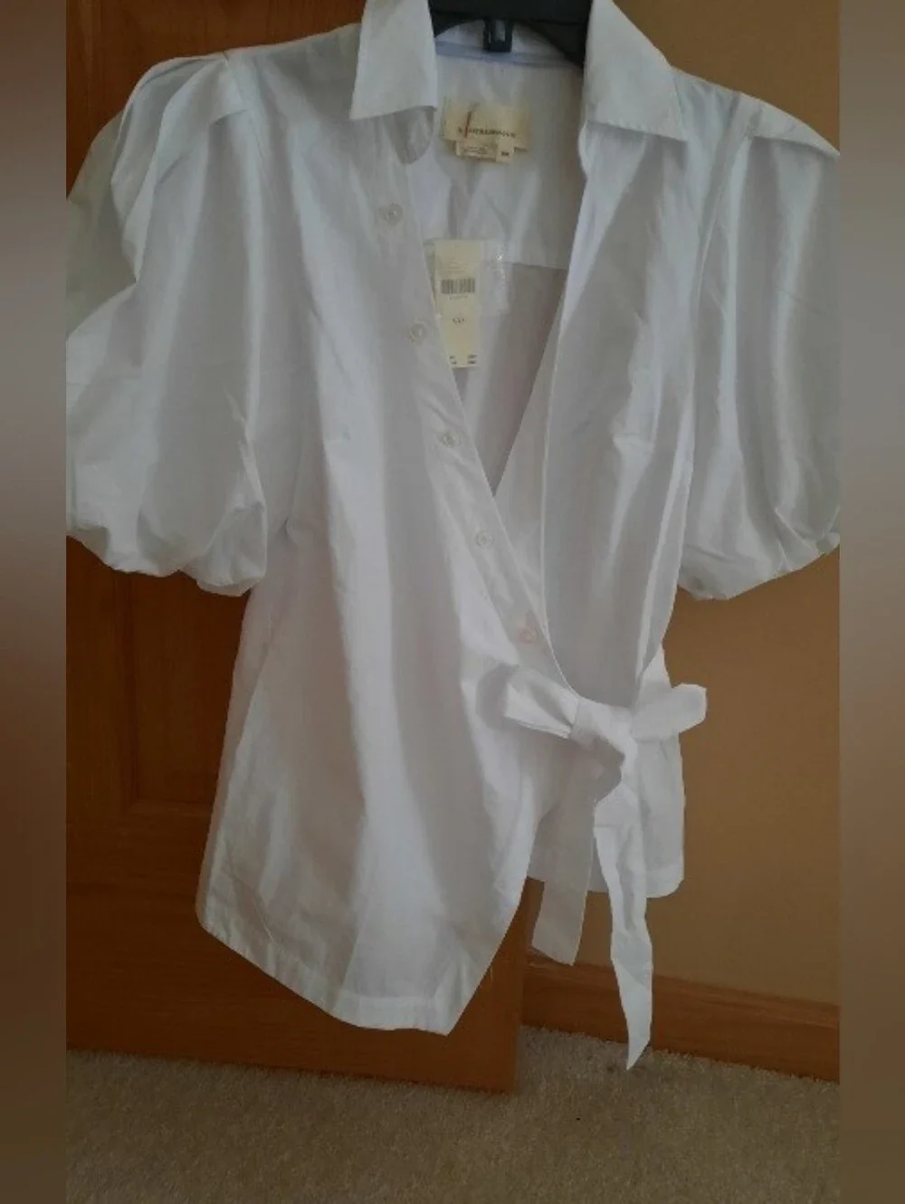 Anthropologie White Wrap Puff-Sleeve Blouse